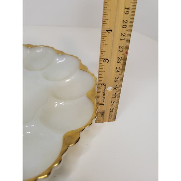 Vintage Anchor Hocking White Milk Glass Deviled Egg Plate Dish With Gold Trim - Picture 5 of 7